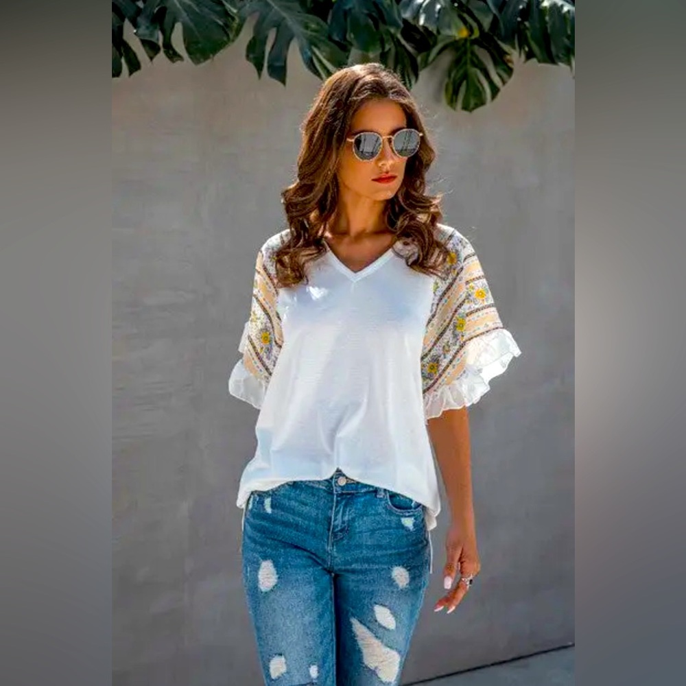 Women's V-Neck Ruffle Short Sleeve Boho Top